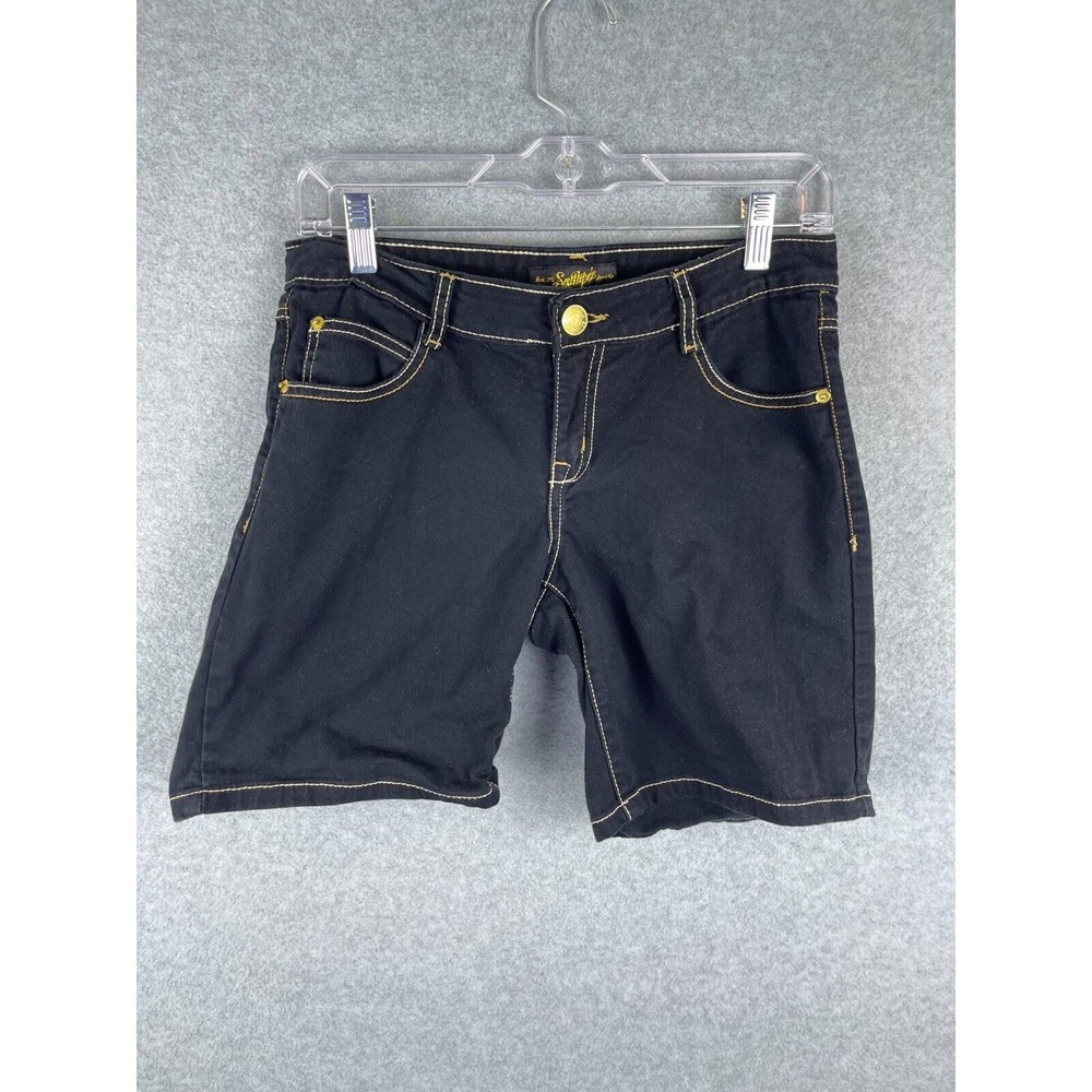 Southpole Jean Shorts Juniors 7 Black Denim Embroidered Mid Rise 7" Inseam 90s